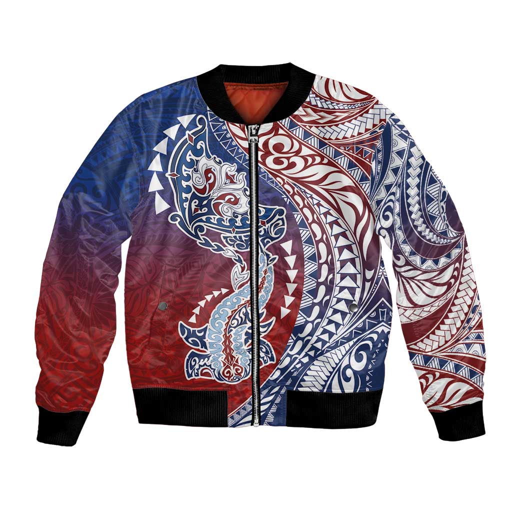 Hawaiian Manta Ray and Hammerhead Shark Tribal Tattoo Bomber Jacket with Polynesian Tribal Pattern Hawaii Flag Color LT03 Unisex Multicolor - Polynesian Pride