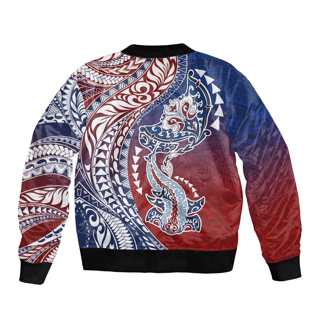 Hawaiian Manta Ray and Hammerhead Shark Tribal Tattoo Bomber Jacket with Polynesian Tribal Pattern Hawaii Flag Color LT03 - Polynesian Pride