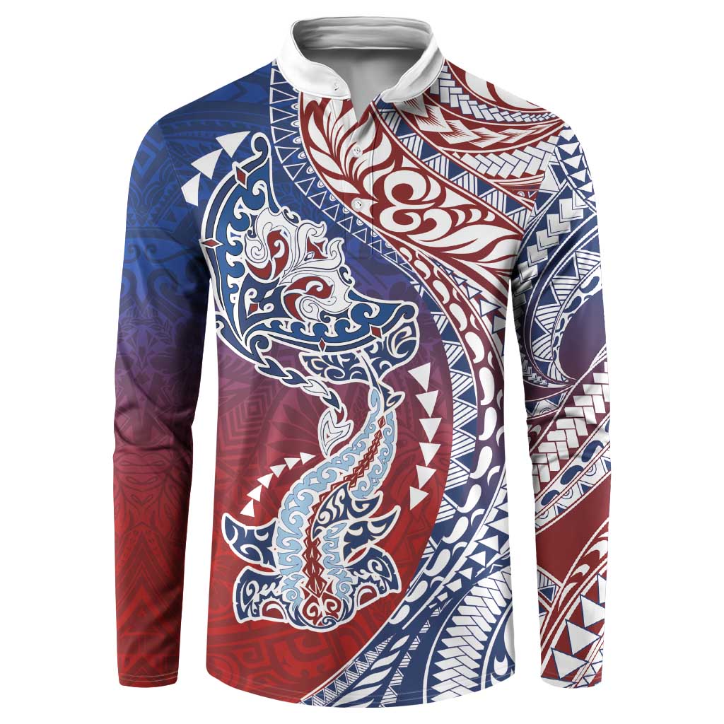 Hawaiian Manta Ray and Hammerhead Shark Tribal Tattoo Button Sweatshirt with Polynesian Tribal Pattern Hawaii Flag Color