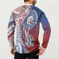 Hawaiian Manta Ray and Hammerhead Shark Tribal Tattoo Button Sweatshirt with Polynesian Tribal Pattern Hawaii Flag Color