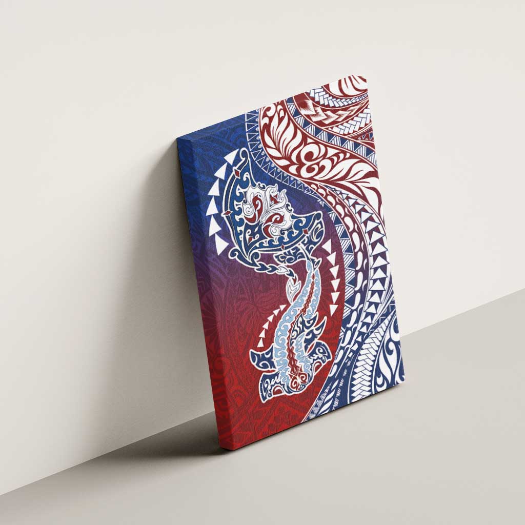 Hawaiian Manta Ray and Hammerhead Shark Tribal Tattoo Canvas Wall Art with Polynesian Tribal Pattern Hawaii Flag Color