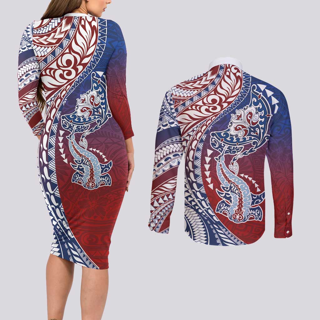 Hawaiian Manta Ray and Hammerhead Shark Tribal Tattoo Couples Matching Long Sleeve Bodycon Dress and Long Sleeve Button Shirt with Polynesian Tribal Pattern Hawaii Flag Color