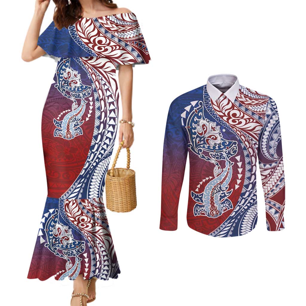 Hawaiian Manta Ray and Hammerhead Shark Tribal Tattoo Couples Matching Mermaid Dress and Long Sleeve Button Shirt with Polynesian Tribal Pattern Hawaii Flag Color
