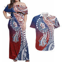 Hawaiian Manta Ray and Hammerhead Shark Tribal Tattoo Couples Matching Off Shoulder Maxi Dress and Hawaiian Shirt with Polynesian Tribal Pattern Hawaii Flag Color
