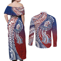 Hawaiian Manta Ray and Hammerhead Shark Tribal Tattoo Couples Matching Off Shoulder Maxi Dress and Long Sleeve Button Shirt with Polynesian Tribal Pattern Hawaii Flag Color