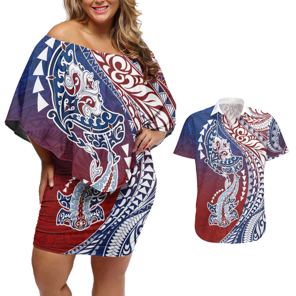 Hawaiian Manta Ray and Hammerhead Shark Tribal Tattoo Couples Matching Off Shoulder Short Dress and Hawaiian Shirt with Polynesian Tribal Pattern Hawaii Flag Color