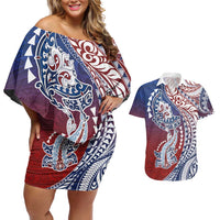 Hawaiian Manta Ray and Hammerhead Shark Tribal Tattoo Couples Matching Off Shoulder Short Dress and Hawaiian Shirt with Polynesian Tribal Pattern Hawaii Flag Color