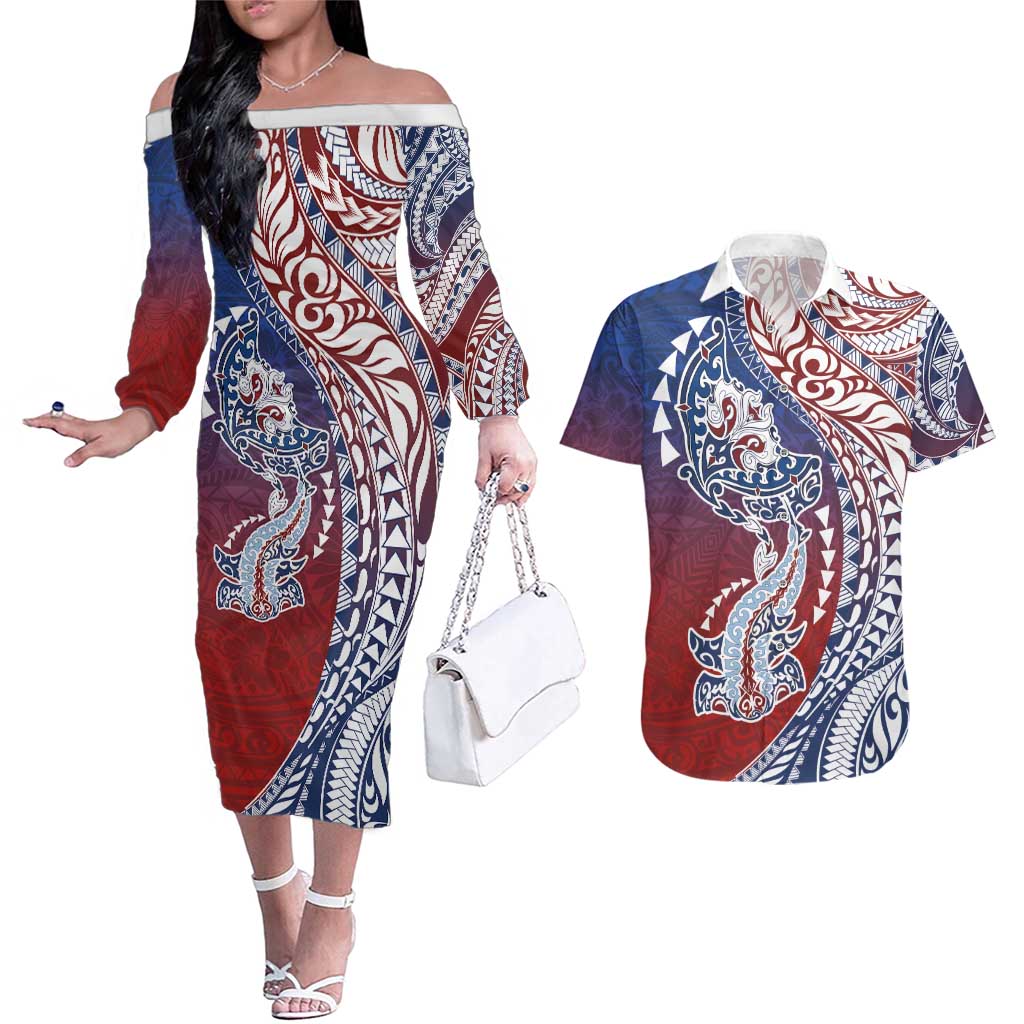Hawaiian Manta Ray and Hammerhead Shark Tribal Tattoo Couples Matching Off The Shoulder Long Sleeve Dress and Hawaiian Shirt with Polynesian Tribal Pattern Hawaii Flag Color LT03 Multicolor - Polynesian Pride