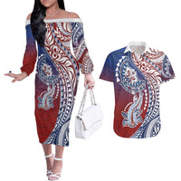 Hawaiian Manta Ray and Hammerhead Shark Tribal Tattoo Couples Matching Off The Shoulder Long Sleeve Dress and Hawaiian Shirt with Polynesian Tribal Pattern Hawaii Flag Color LT03 Multicolor - Polynesian Pride