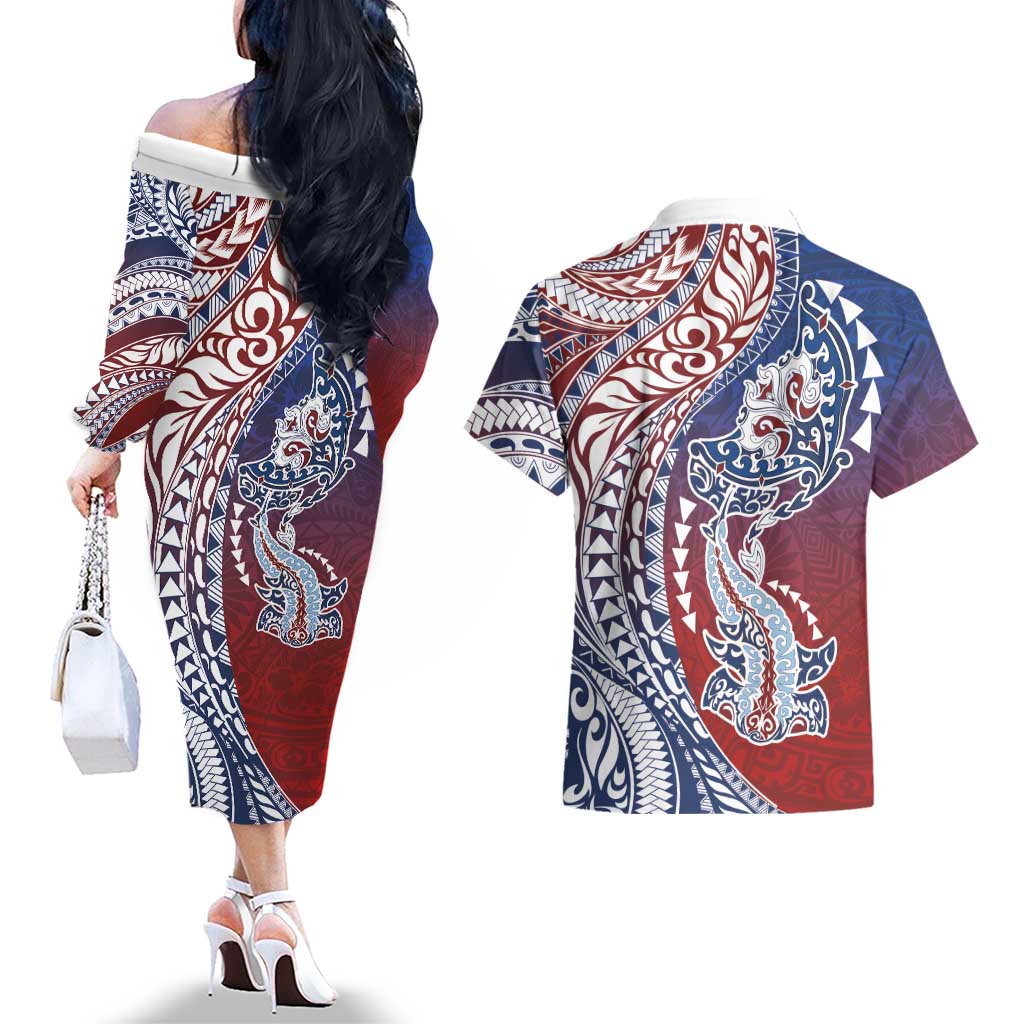 Hawaiian Manta Ray and Hammerhead Shark Tribal Tattoo Couples Matching Off The Shoulder Long Sleeve Dress and Hawaiian Shirt with Polynesian Tribal Pattern Hawaii Flag Color LT03 - Polynesian Pride