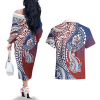 Hawaiian Manta Ray and Hammerhead Shark Tribal Tattoo Couples Matching Off The Shoulder Long Sleeve Dress and Hawaiian Shirt with Polynesian Tribal Pattern Hawaii Flag Color LT03 - Polynesian Pride