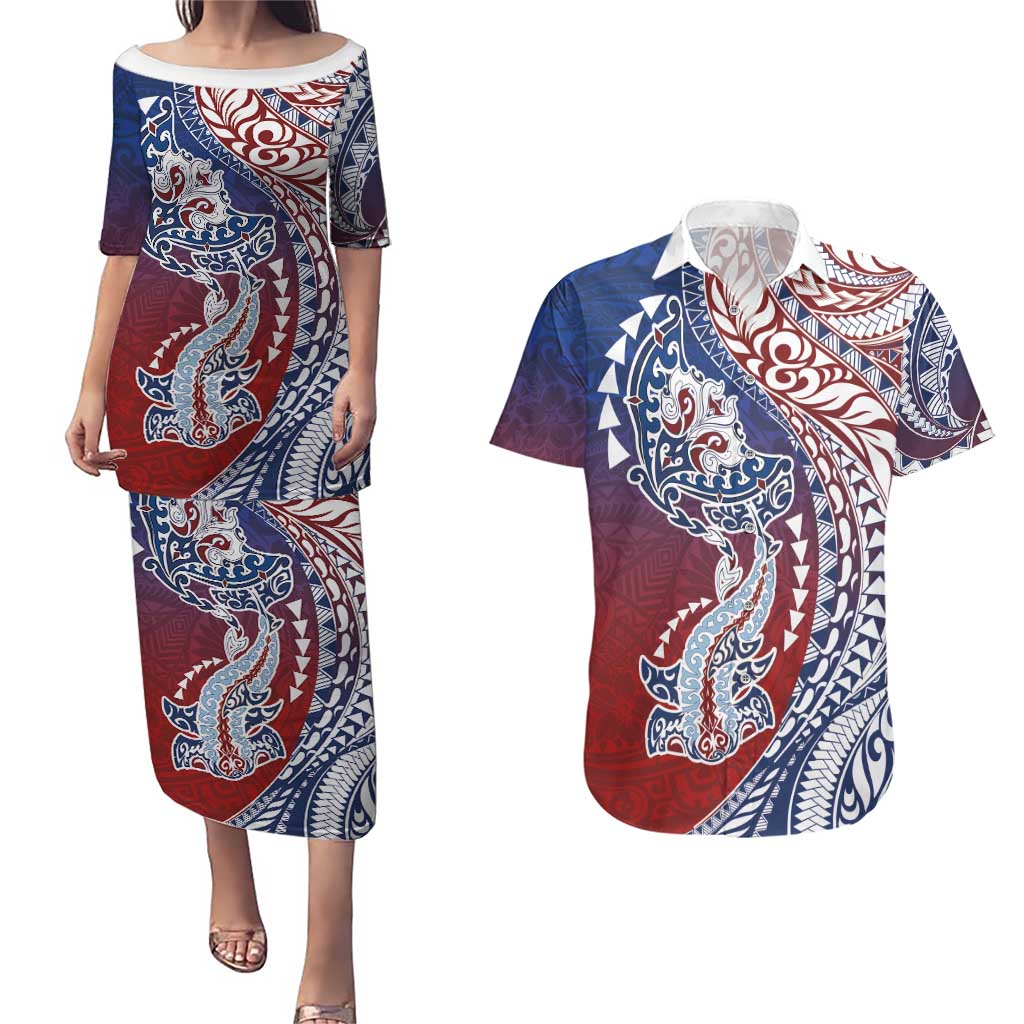 Hawaiian Manta Ray and Hammerhead Shark Tribal Tattoo Couples Matching Puletasi and Hawaiian Shirt with Polynesian Tribal Pattern Hawaii Flag Color
