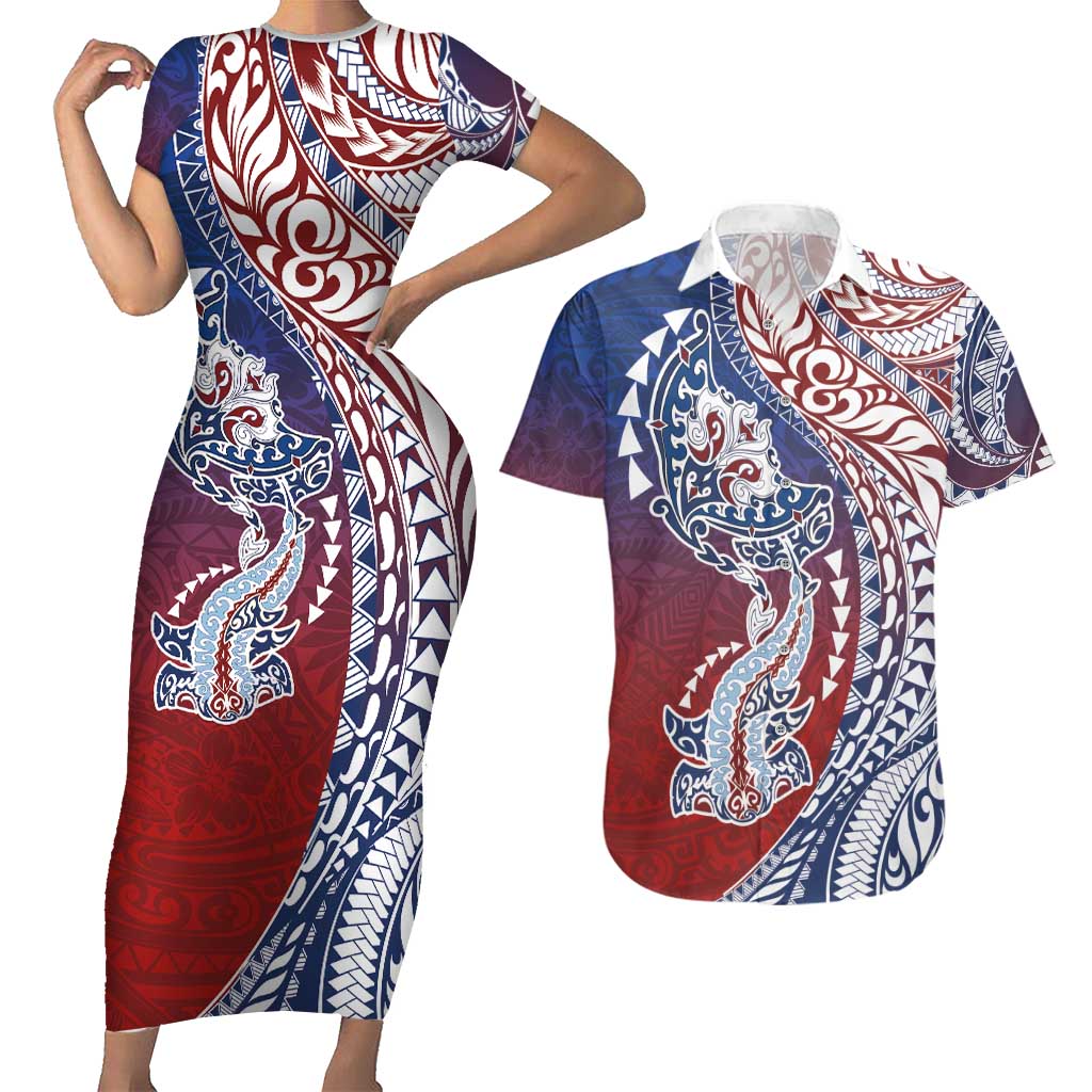 Hawaiian Manta Ray and Hammerhead Shark Tribal Tattoo Couples Matching Short Sleeve Bodycon Dress and Hawaiian Shirt with Polynesian Tribal Pattern Hawaii Flag Color