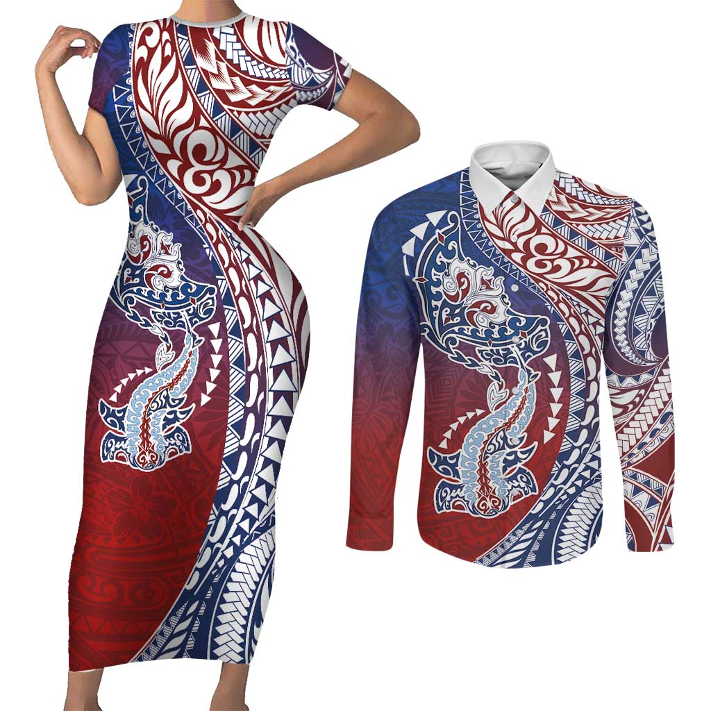 Hawaiian Manta Ray and Hammerhead Shark Tribal Tattoo Couples Matching Short Sleeve Bodycon Dress and Long Sleeve Button Shirt with Polynesian Tribal Pattern Hawaii Flag Color