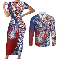 Hawaiian Manta Ray and Hammerhead Shark Tribal Tattoo Couples Matching Short Sleeve Bodycon Dress and Long Sleeve Button Shirt with Polynesian Tribal Pattern Hawaii Flag Color