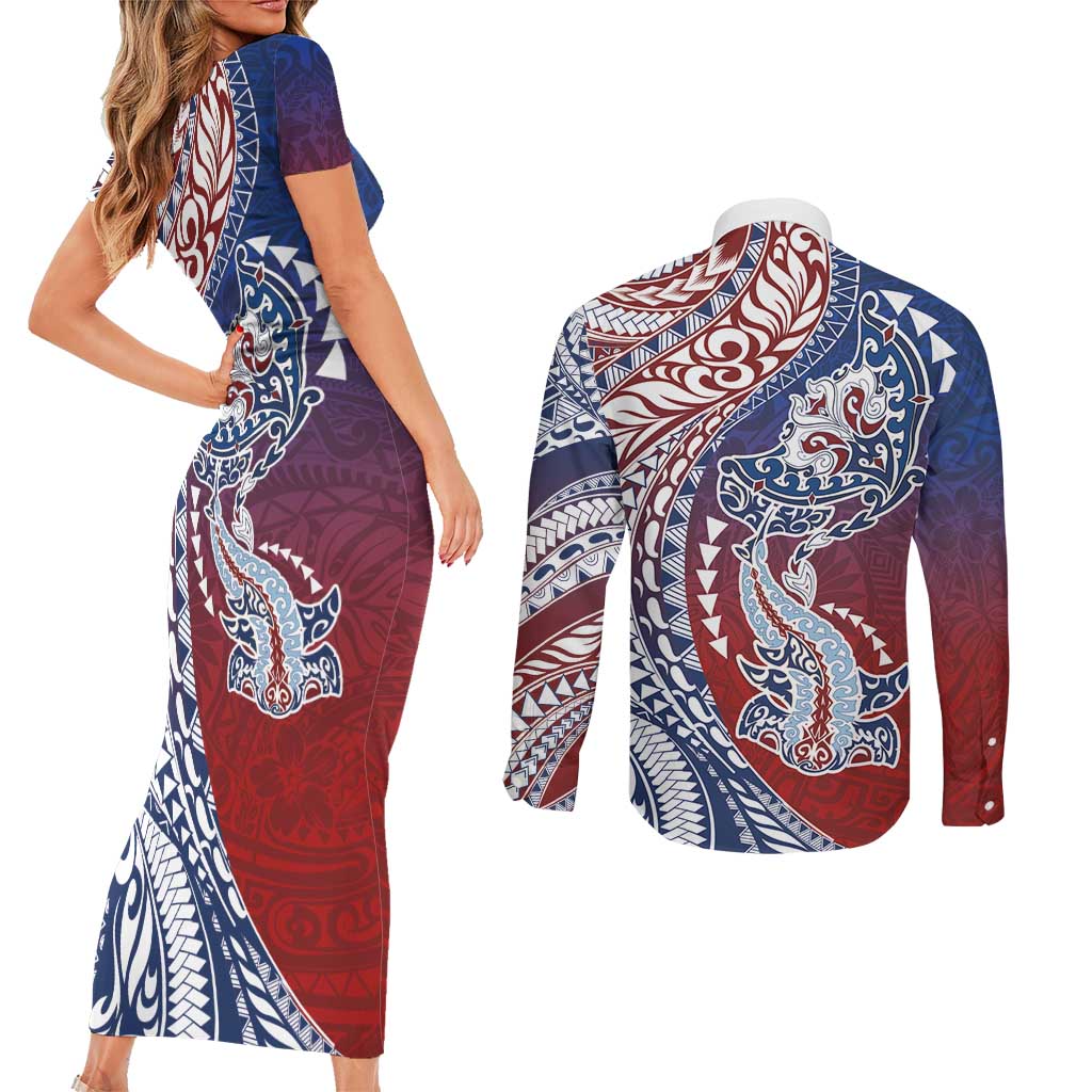 Hawaiian Manta Ray and Hammerhead Shark Tribal Tattoo Couples Matching Short Sleeve Bodycon Dress and Long Sleeve Button Shirt with Polynesian Tribal Pattern Hawaii Flag Color