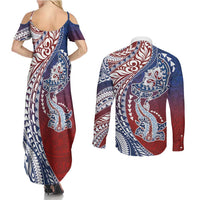 Hawaiian Manta Ray and Hammerhead Shark Tribal Tattoo Couples Matching Summer Maxi Dress and Long Sleeve Button Shirt with Polynesian Tribal Pattern Hawaii Flag Color