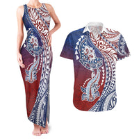 Hawaiian Manta Ray and Hammerhead Shark Tribal Tattoo Couples Matching Tank Maxi Dress and Hawaiian Shirt with Polynesian Tribal Pattern Hawaii Flag Color