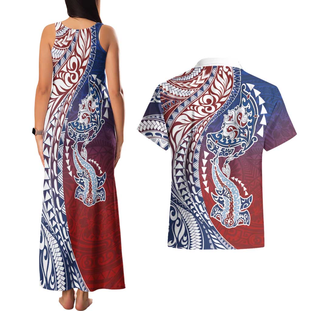 Hawaiian Manta Ray and Hammerhead Shark Tribal Tattoo Couples Matching Tank Maxi Dress and Hawaiian Shirt with Polynesian Tribal Pattern Hawaii Flag Color