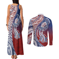 Hawaiian Manta Ray and Hammerhead Shark Tribal Tattoo Couples Matching Tank Maxi Dress and Long Sleeve Button Shirt with Polynesian Tribal Pattern Hawaii Flag Color