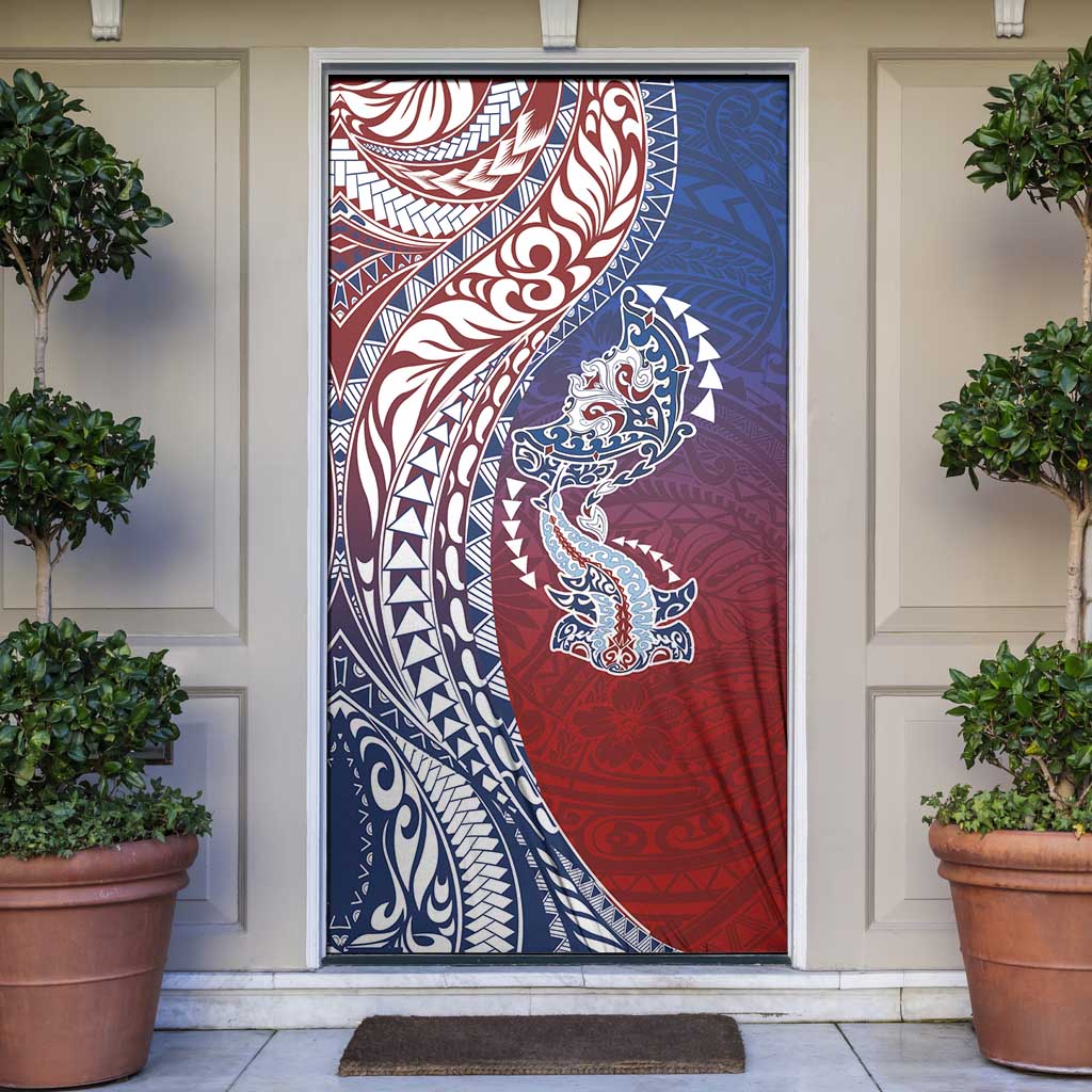 Hawaiian Manta Ray and Hammerhead Shark Tribal Tattoo Door Cover with Polynesian Tribal Pattern Hawaii Flag Color