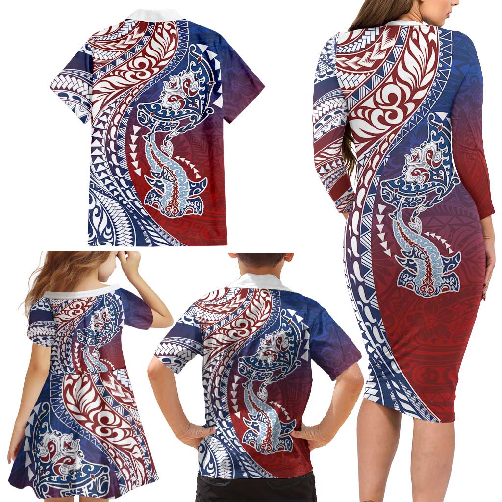 Hawaiian Manta Ray and Hammerhead Shark Tribal Tattoo Family Matching Long Sleeve Bodycon Dress and Hawaiian Shirt with Polynesian Tribal Pattern Hawaii Flag Color