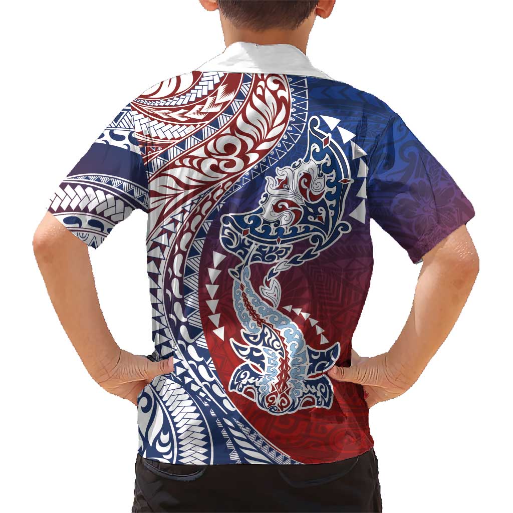 Hawaiian Manta Ray and Hammerhead Shark Tribal Tattoo Family Matching Mermaid Dress and Hawaiian Shirt with Polynesian Tribal Pattern Hawaii Flag Color LT03 - Polynesian Pride