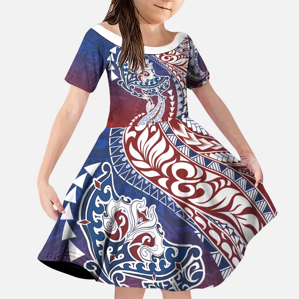 Hawaiian Manta Ray and Hammerhead Shark Tribal Tattoo Family Matching Mermaid Dress and Hawaiian Shirt with Polynesian Tribal Pattern Hawaii Flag Color LT03 Daughter's Dress Multicolor - Polynesian Pride