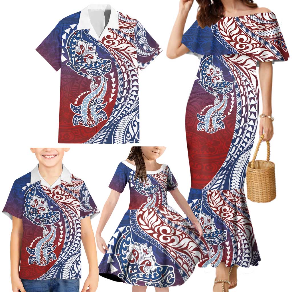 Hawaiian Manta Ray and Hammerhead Shark Tribal Tattoo Family Matching Mermaid Dress and Hawaiian Shirt with Polynesian Tribal Pattern Hawaii Flag Color LT03 - Polynesian Pride
