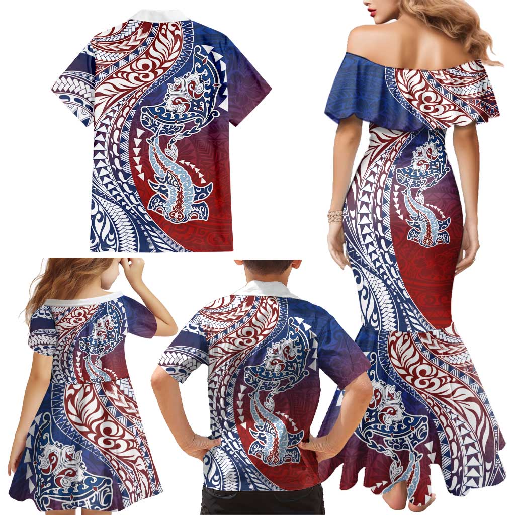 Hawaiian Manta Ray and Hammerhead Shark Tribal Tattoo Family Matching Mermaid Dress and Hawaiian Shirt with Polynesian Tribal Pattern Hawaii Flag Color LT03 - Polynesian Pride