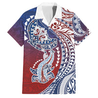 Hawaiian Manta Ray and Hammerhead Shark Tribal Tattoo Family Matching Mermaid Dress and Hawaiian Shirt with Polynesian Tribal Pattern Hawaii Flag Color LT03 Dad's Shirt - Short Sleeve Multicolor - Polynesian Pride
