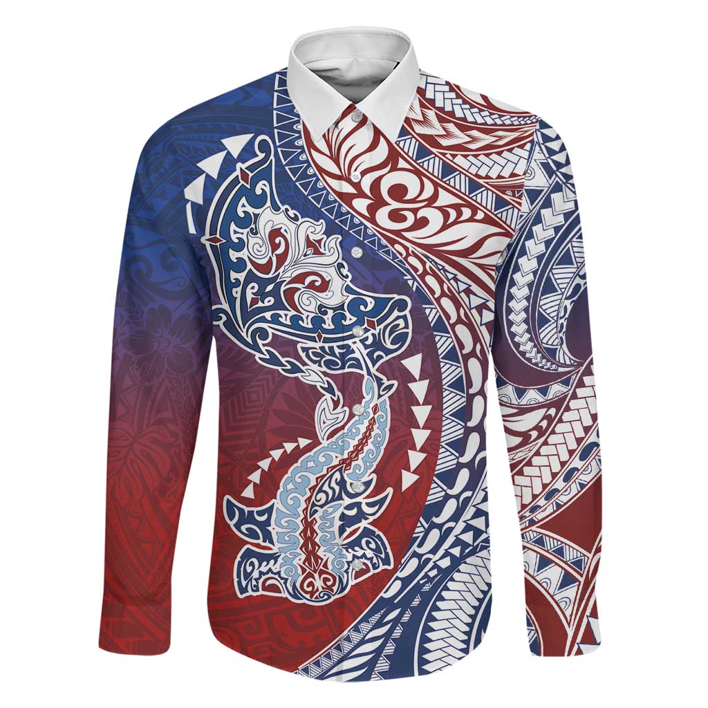 Hawaiian Manta Ray and Hammerhead Shark Tribal Tattoo Family Matching Mermaid Dress and Hawaiian Shirt with Polynesian Tribal Pattern Hawaii Flag Color LT03 Dad's Shirt - Long Sleeve Multicolor - Polynesian Pride