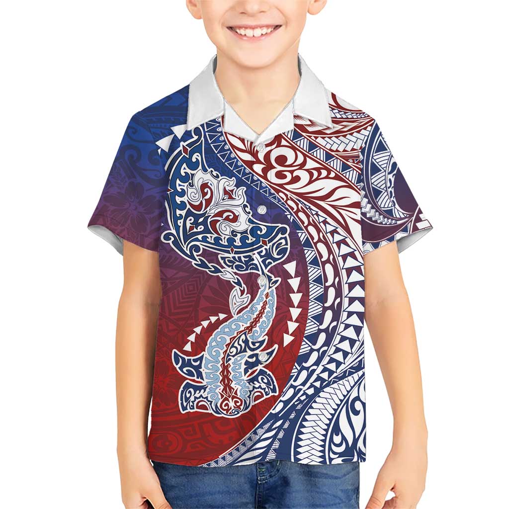 Hawaiian Manta Ray and Hammerhead Shark Tribal Tattoo Family Matching Mermaid Dress and Hawaiian Shirt with Polynesian Tribal Pattern Hawaii Flag Color LT03 Son's Shirt Multicolor - Polynesian Pride