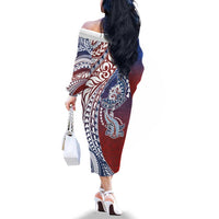 Hawaiian Manta Ray and Hammerhead Shark Tribal Tattoo Family Matching Off The Shoulder Long Sleeve Dress and Hawaiian Shirt with Polynesian Tribal Pattern Hawaii Flag Color
