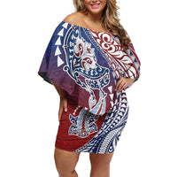 Hawaiian Manta Ray and Hammerhead Shark Tribal Tattoo Family Matching Off Shoulder Short Dress and Hawaiian Shirt with Polynesian Tribal Pattern Hawaii Flag Color