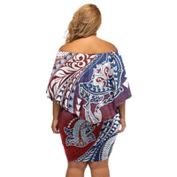Hawaiian Manta Ray and Hammerhead Shark Tribal Tattoo Family Matching Off Shoulder Short Dress and Hawaiian Shirt with Polynesian Tribal Pattern Hawaii Flag Color