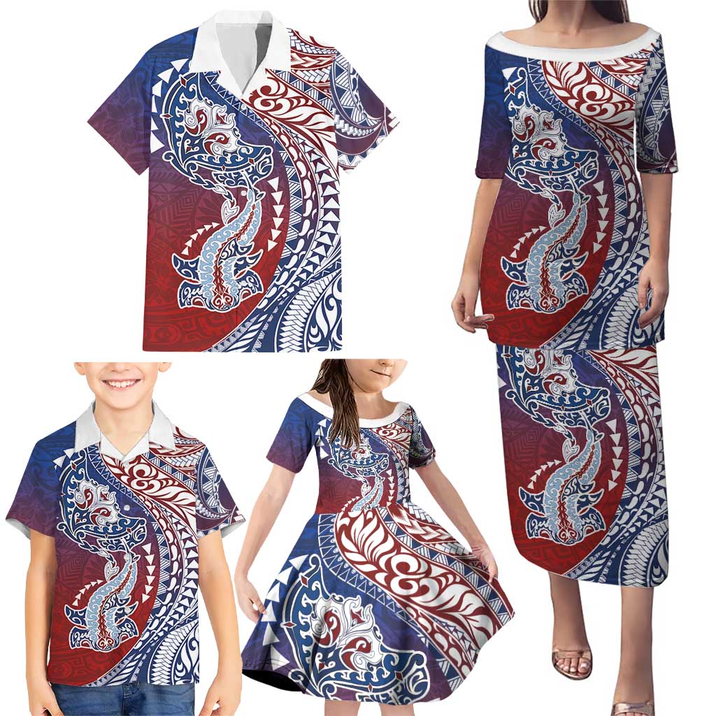 Hawaiian Manta Ray and Hammerhead Shark Tribal Tattoo Family Matching Puletasi and Hawaiian Shirt with Polynesian Tribal Pattern Hawaii Flag Color