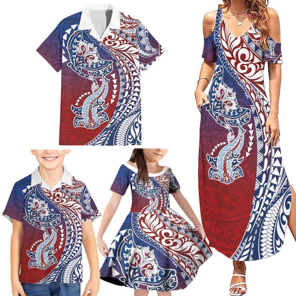 Hawaiian Manta Ray and Hammerhead Shark Tribal Tattoo Family Matching Summer Maxi Dress and Hawaiian Shirt with Polynesian Tribal Pattern Hawaii Flag Color
