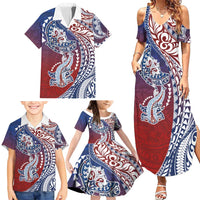 Hawaiian Manta Ray and Hammerhead Shark Tribal Tattoo Family Matching Summer Maxi Dress and Hawaiian Shirt with Polynesian Tribal Pattern Hawaii Flag Color