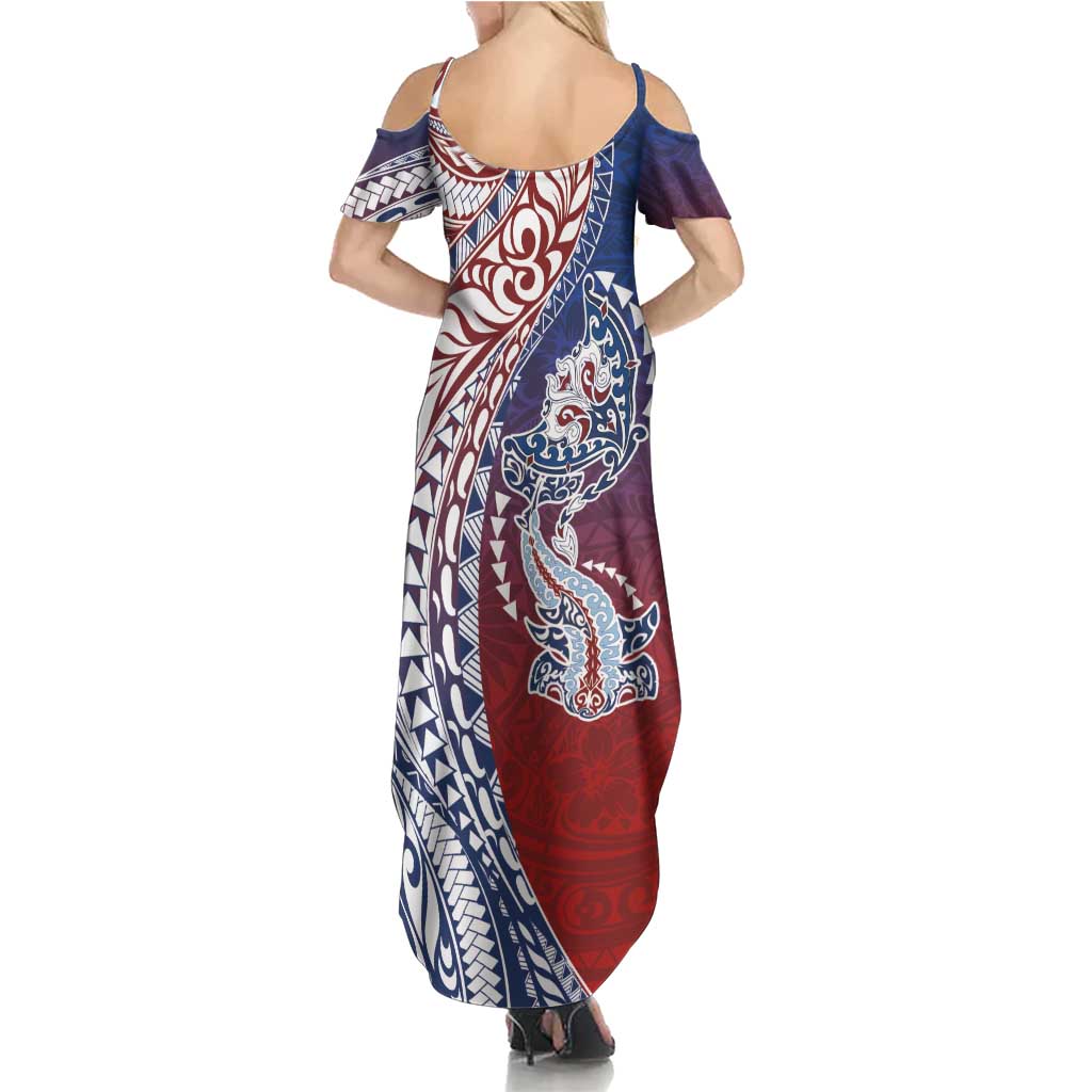 Hawaiian Manta Ray and Hammerhead Shark Tribal Tattoo Family Matching Summer Maxi Dress and Hawaiian Shirt with Polynesian Tribal Pattern Hawaii Flag Color