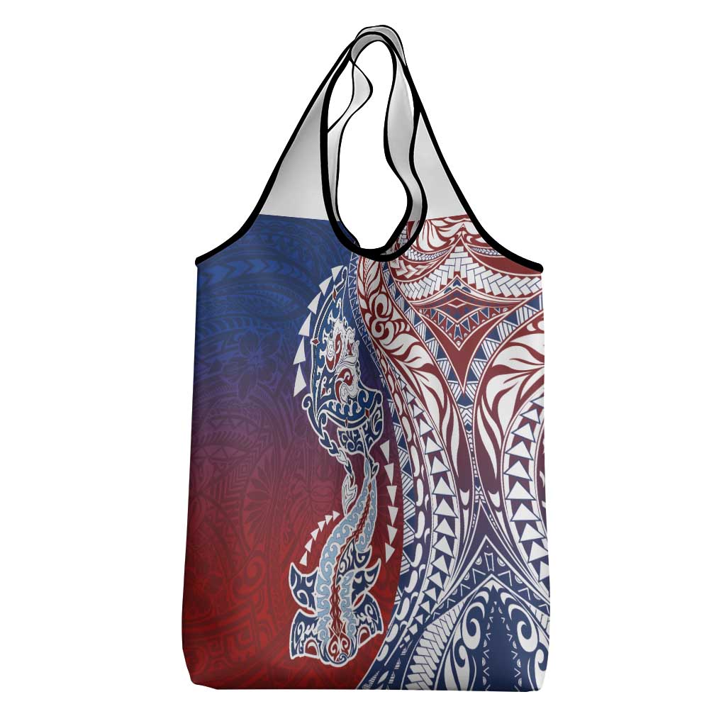 Hawaiian Manta Ray and Hammerhead Shark Tribal Tattoo Grocery Bag with Polynesian Tribal Pattern Hawaii Flag Color