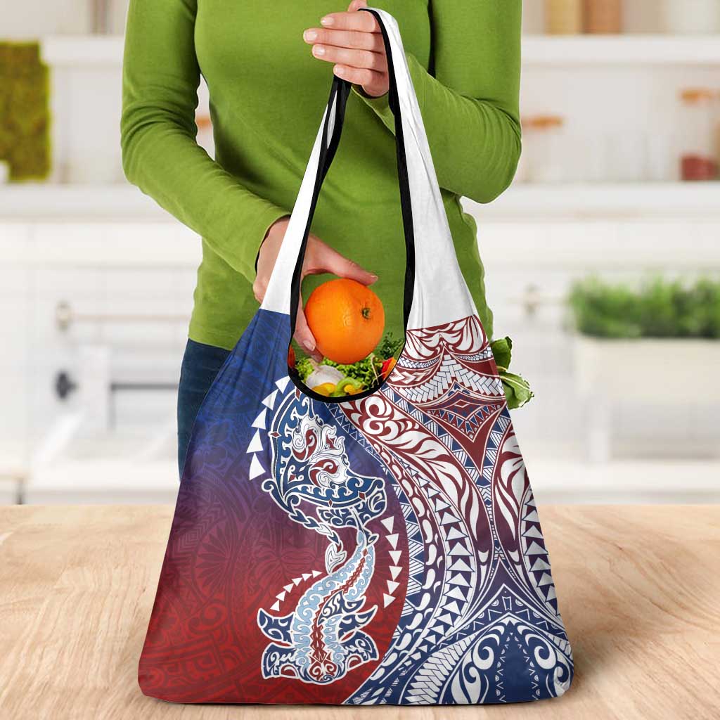 Hawaiian Manta Ray and Hammerhead Shark Tribal Tattoo Grocery Bag with Polynesian Tribal Pattern Hawaii Flag Color
