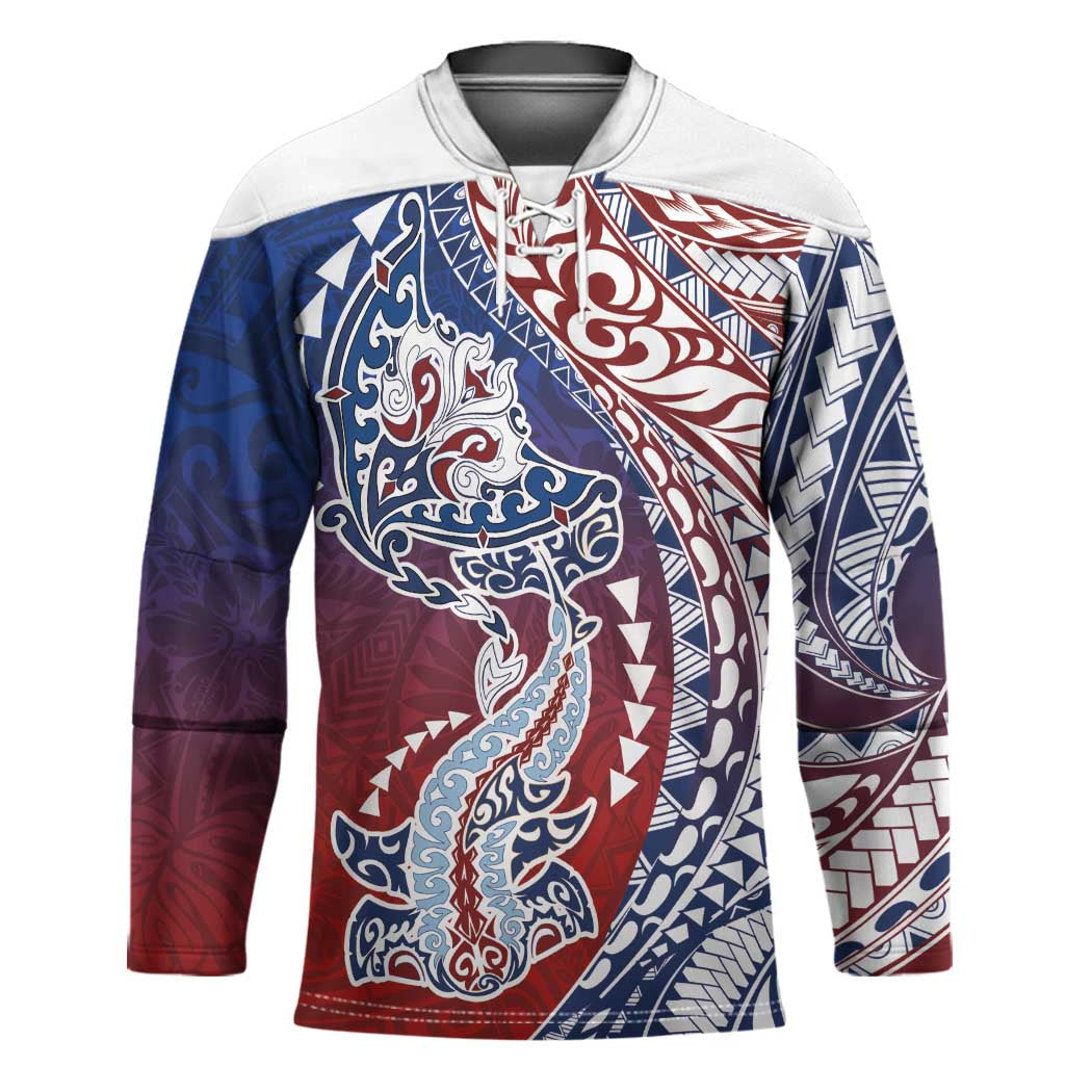 Hawaiian Manta Ray and Hammerhead Shark Tribal Tattoo Hockey Jersey with Polynesian Tribal Pattern Hawaii Flag Color