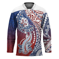 Hawaiian Manta Ray and Hammerhead Shark Tribal Tattoo Hockey Jersey with Polynesian Tribal Pattern Hawaii Flag Color