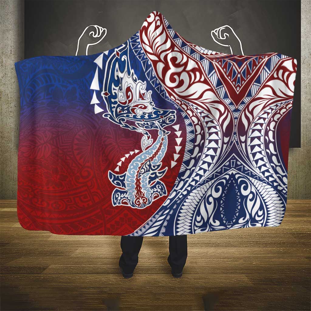 Hawaiian Manta Ray and Hammerhead Shark Tribal Tattoo Hooded Blanket with Polynesian Tribal Pattern Hawaii Flag Color