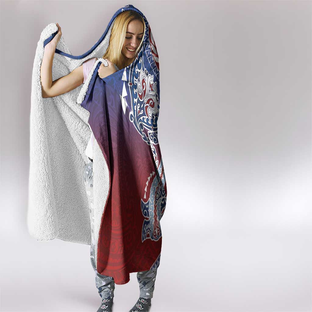Hawaiian Manta Ray and Hammerhead Shark Tribal Tattoo Hooded Blanket with Polynesian Tribal Pattern Hawaii Flag Color