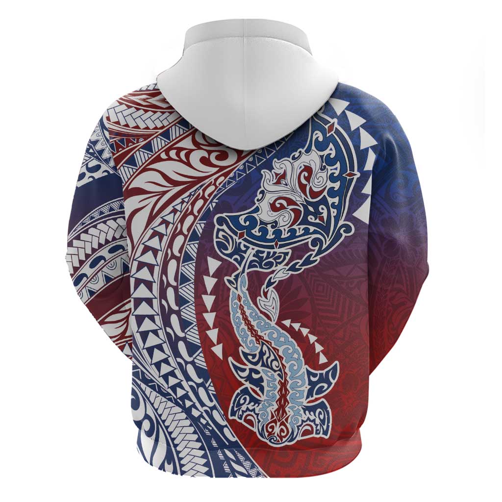 Hawaiian Manta Ray and Hammerhead Shark Tribal Tattoo Hoodie with Polynesian Tribal Pattern Hawaii Flag Color