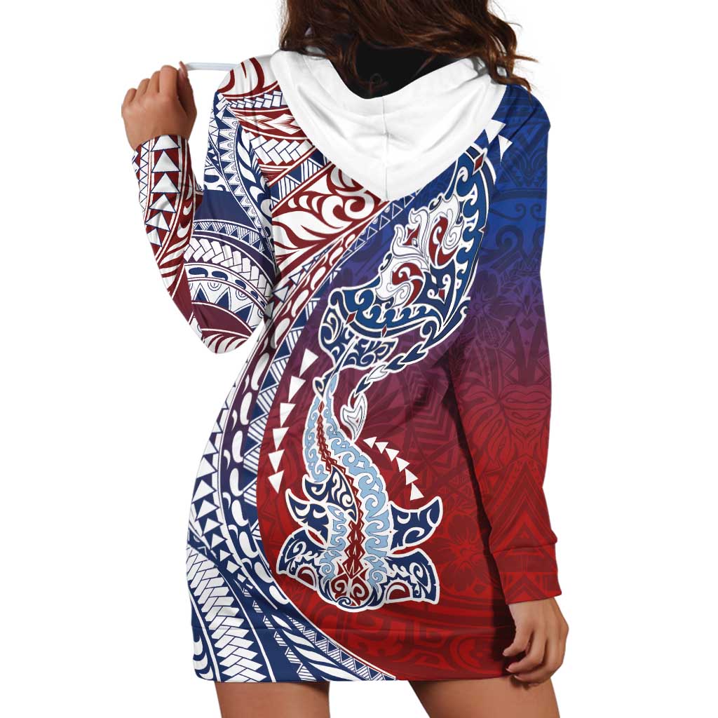 Hawaiian Manta Ray and Hammerhead Shark Tribal Tattoo Hoodie Dress with Polynesian Tribal Pattern Hawaii Flag Color LT03 - Polynesian Pride