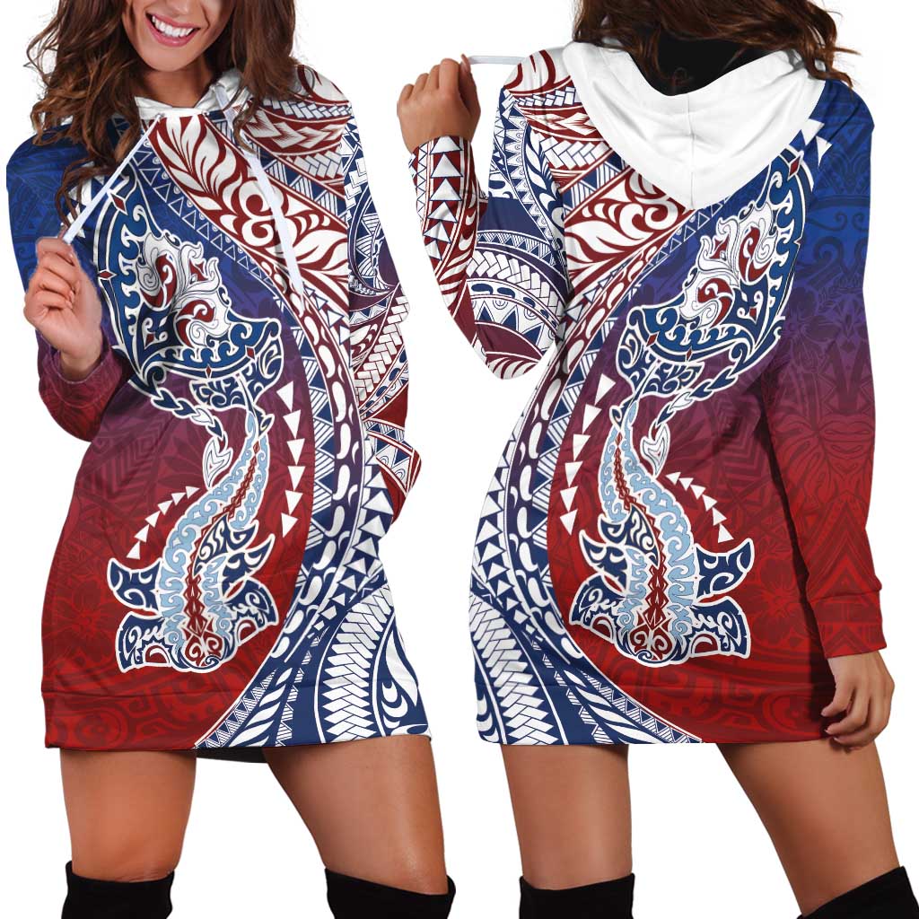 Hawaiian Manta Ray and Hammerhead Shark Tribal Tattoo Hoodie Dress with Polynesian Tribal Pattern Hawaii Flag Color LT03 - Polynesian Pride