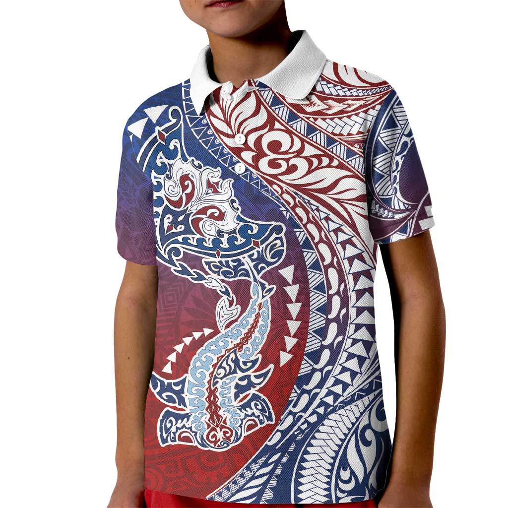 Hawaiian Manta Ray and Hammerhead Shark Tribal Tattoo Kid Polo Shirt with Polynesian Tribal Pattern Hawaii Flag Color